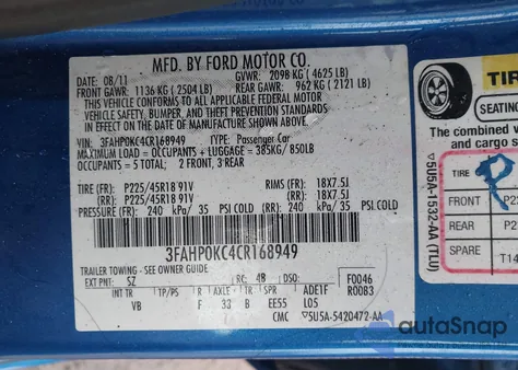 2012 Ford Fusion Sport z USA, uszkodzony, nr VIN 3FAHP0KC4CR168949